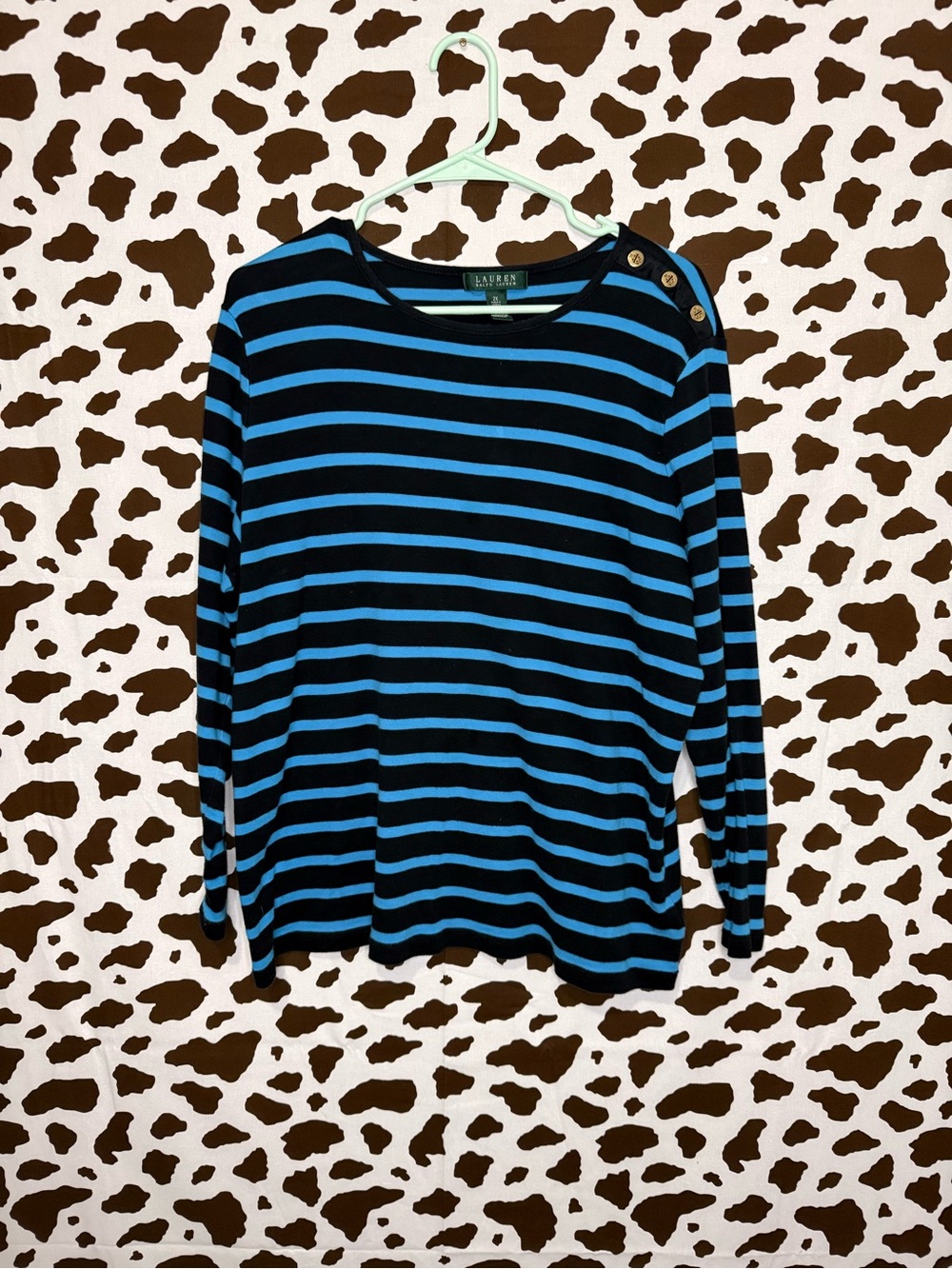Lauren Ralph Lauren Women 2X Black Blue Striped Crew Neck Long Sleeve Top Button
